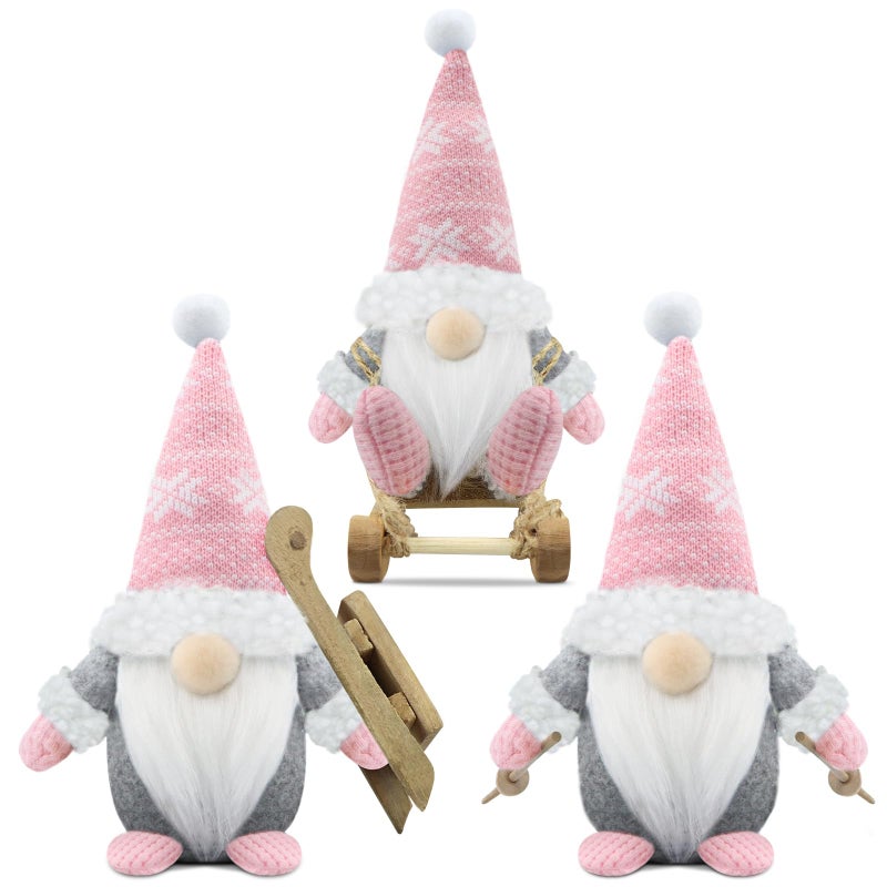 Gehydy Set of 3 Christmas Gnomes Decorations Gift Handmade Sled Gnome Plush Stuffed Xmas Decor for Home Kitchen Farmhouse Tiered Tray - Pink - Image 1